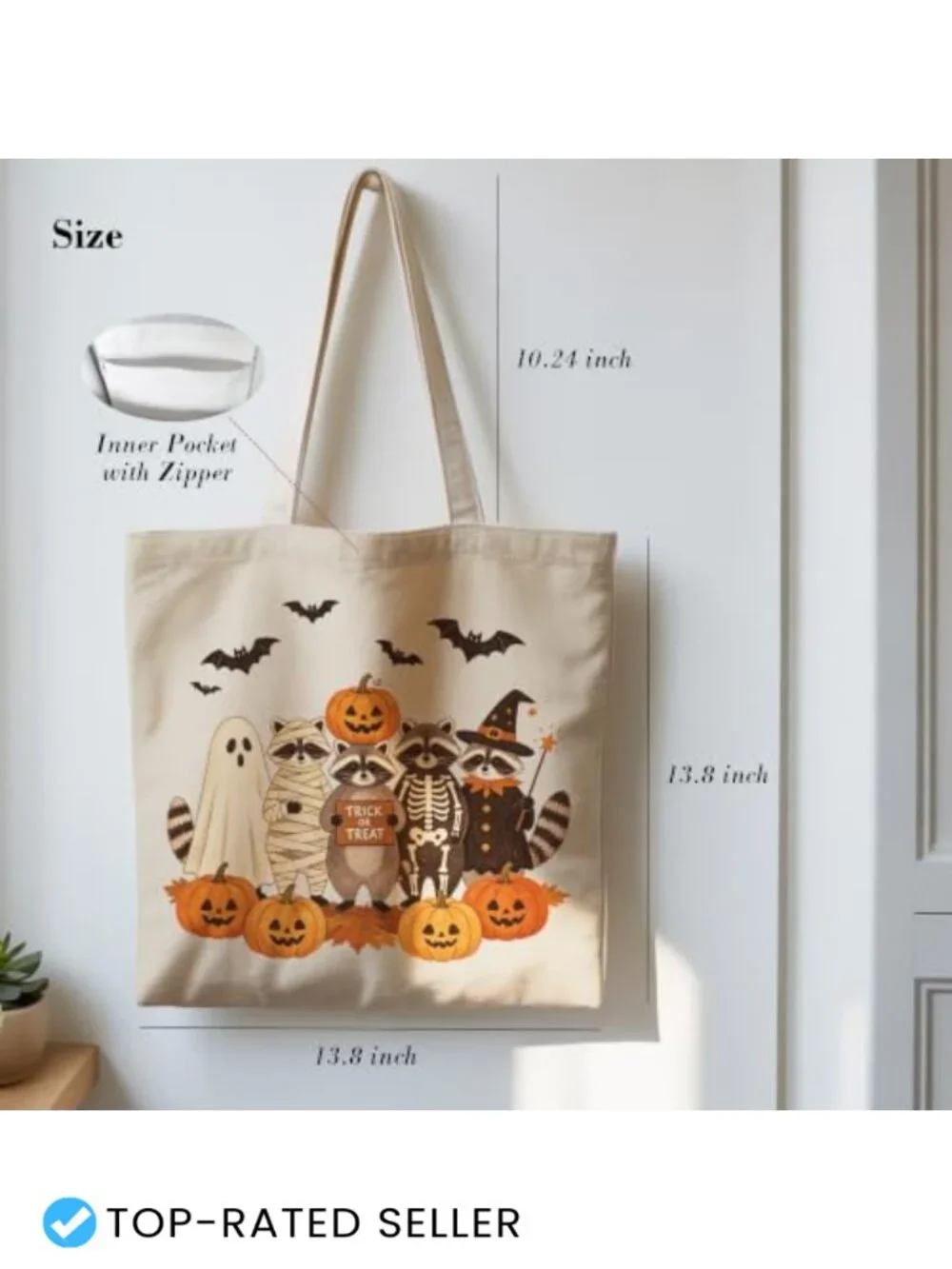 Halloween Tote Bag for Women, Canvas Carryall with Raccoon Print, Shoulder Bag,